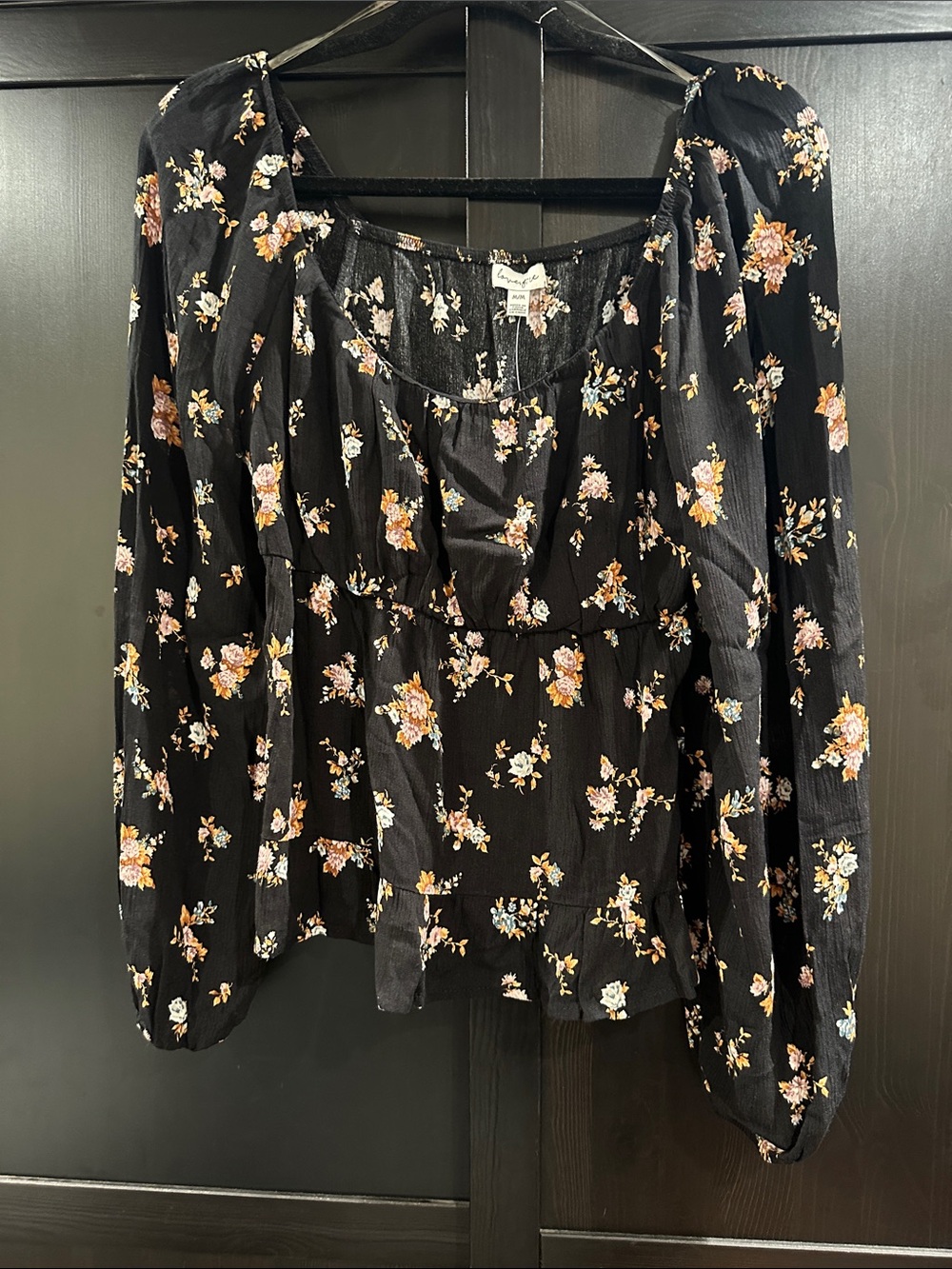 love, Fire Black Floral Long-Sleeve Peasant Blouse